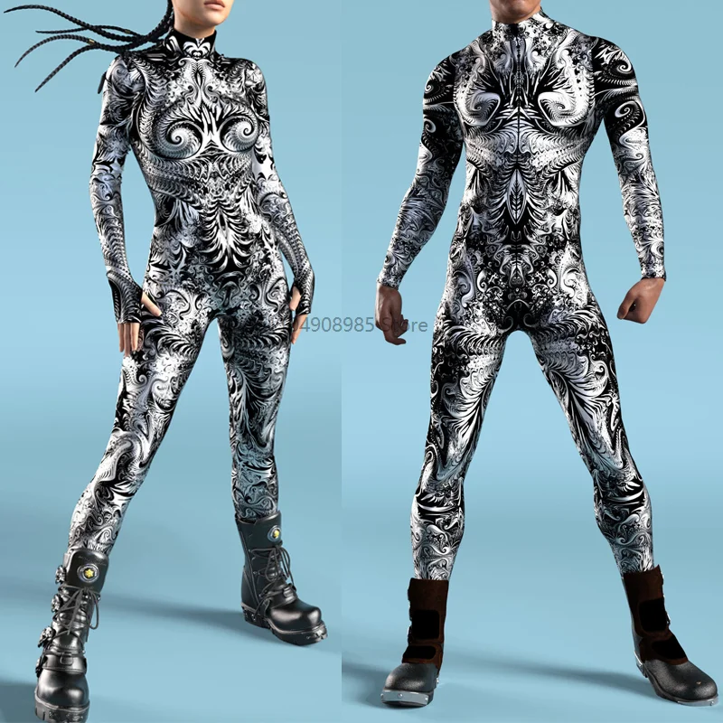 

Fraktal BnW Costume Men Women 3D Printed Catsuit Zentai Suit Costume Halloween Party Shows Performance Bodysuit 2025