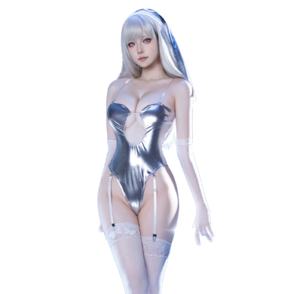 

Cyberpunk Nun Themed Cosplay Set, Silver Strapless Bodysuit with Head Accessory, Garter Belts & Long Gloves Intimate Themed Wear