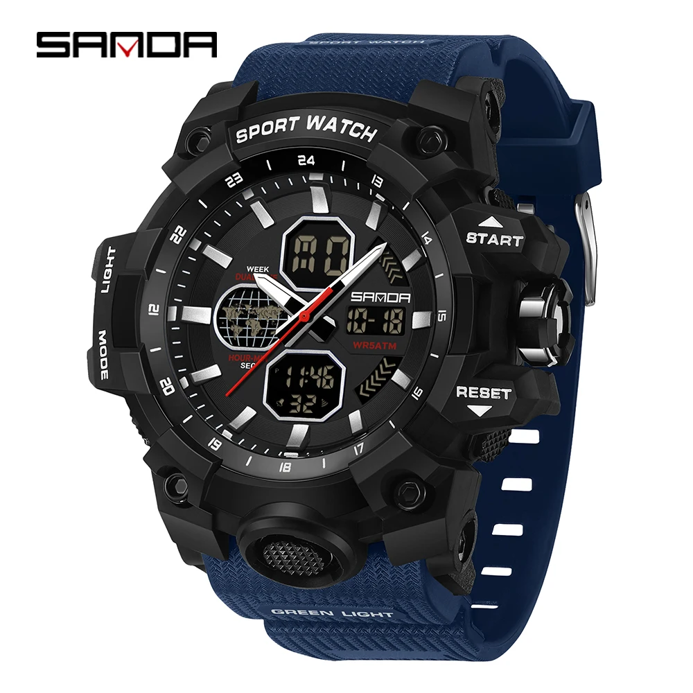 SANDA 9093 Men Electronic Watch Trendy Fashion Sport Waterproof Date Pointer Digital Analog Dual Display Wrist Watch for Student