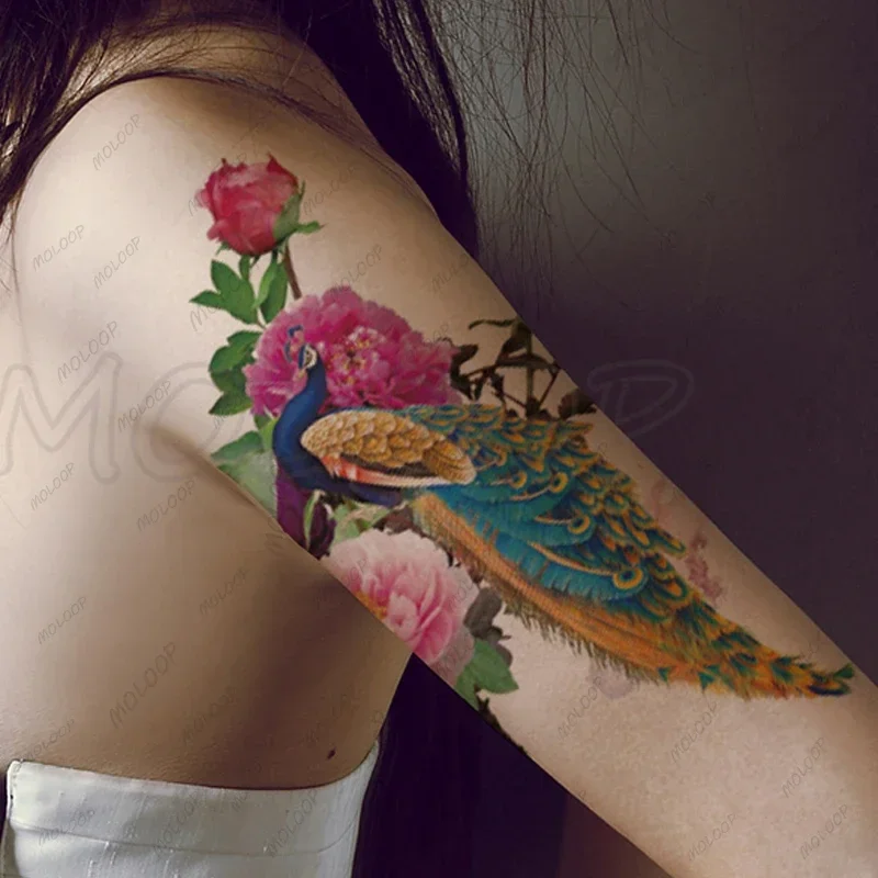 Tattoo Stickers Peacock Peony Flower Bud Butterfly Waist Arm Back Makeup Art for Women Girls Temporary Waterproof Fake Tatto