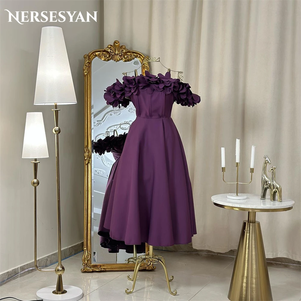 Nersesyan Purple Solid Formal Evening Dresses Off Shoulder 3D Flowers Pleats Prom Dress Backless Party Gowns Occasional 2024