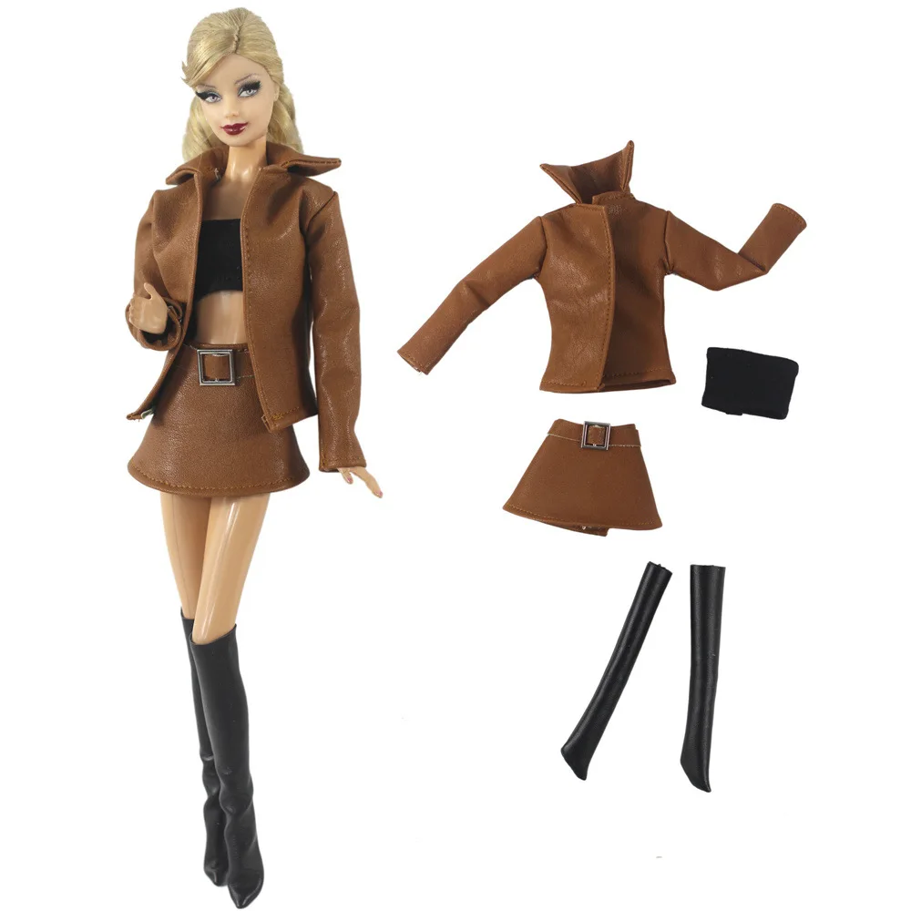 Pink Doll Clothes Leather Clothes Dress Casual Leather Coat Jacket Mini Skirt Doll Clothes for Barbies Clothes Dolls Accessories