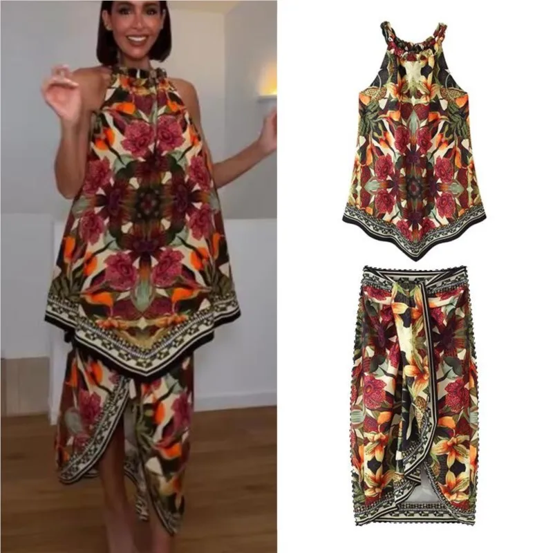 Women's Skirts Set Summer Floral Print Halter Neck Sleeveless Top Irregular Hem Side Zipper Skirt Fashion Casual 2 Piece Sets