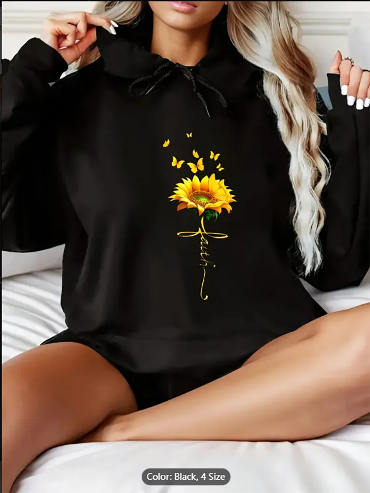 

Женская черная толстовка с капюшоном «Подсолнух, бабочка, вера, крест, графический принт, повседневная толстовка с капюшоном на шнурке большого размера из чистого хлопка