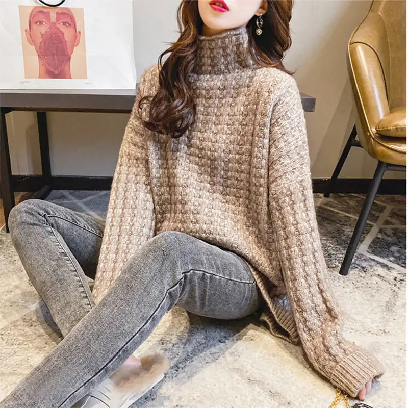 Women Autumn and Winter Fashion New High Neck Lazy Style Sweater Solid Thickened Loose Knit Pullover Casual Long Sleeved Tops