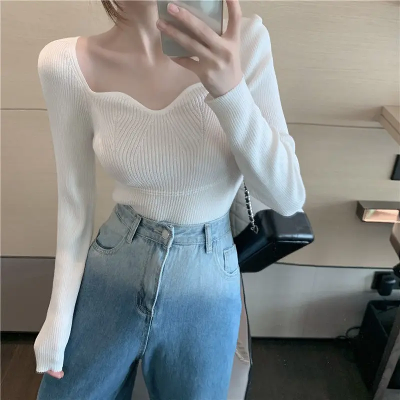 

Sweater Autumn Winter Solid Jumper Casual Square Collar Knit Jumper Woman Lantern Sleeve Long Sleeve Female Fashion Tops V14