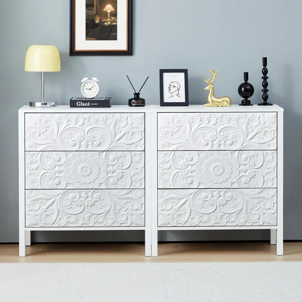 

Pair of White 3-Drawer Dressers, Wide 6-Drawer Chest, and Elegant Carved Nightstand Table for Bedroom Luxury