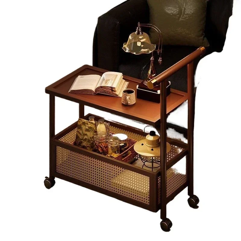 The side of the cart rack can be moved, and the antique snack trolley in side cabinet of  living room can be moved.