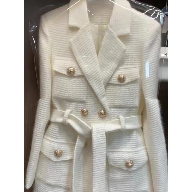 Small Fragrance Temperament High Sense Double-breasted Blazer Top 2024 Autumn and Winter New White Lace-up Suit Jacket Woman