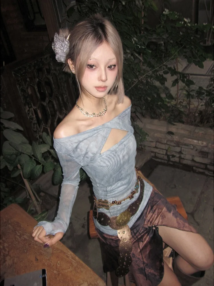 Cool Girl Mesh Shirt Women's Style T-shirt Short Length Long Sleeve One-Shoulder Design Post-Apocalyptic Fashion Trend
