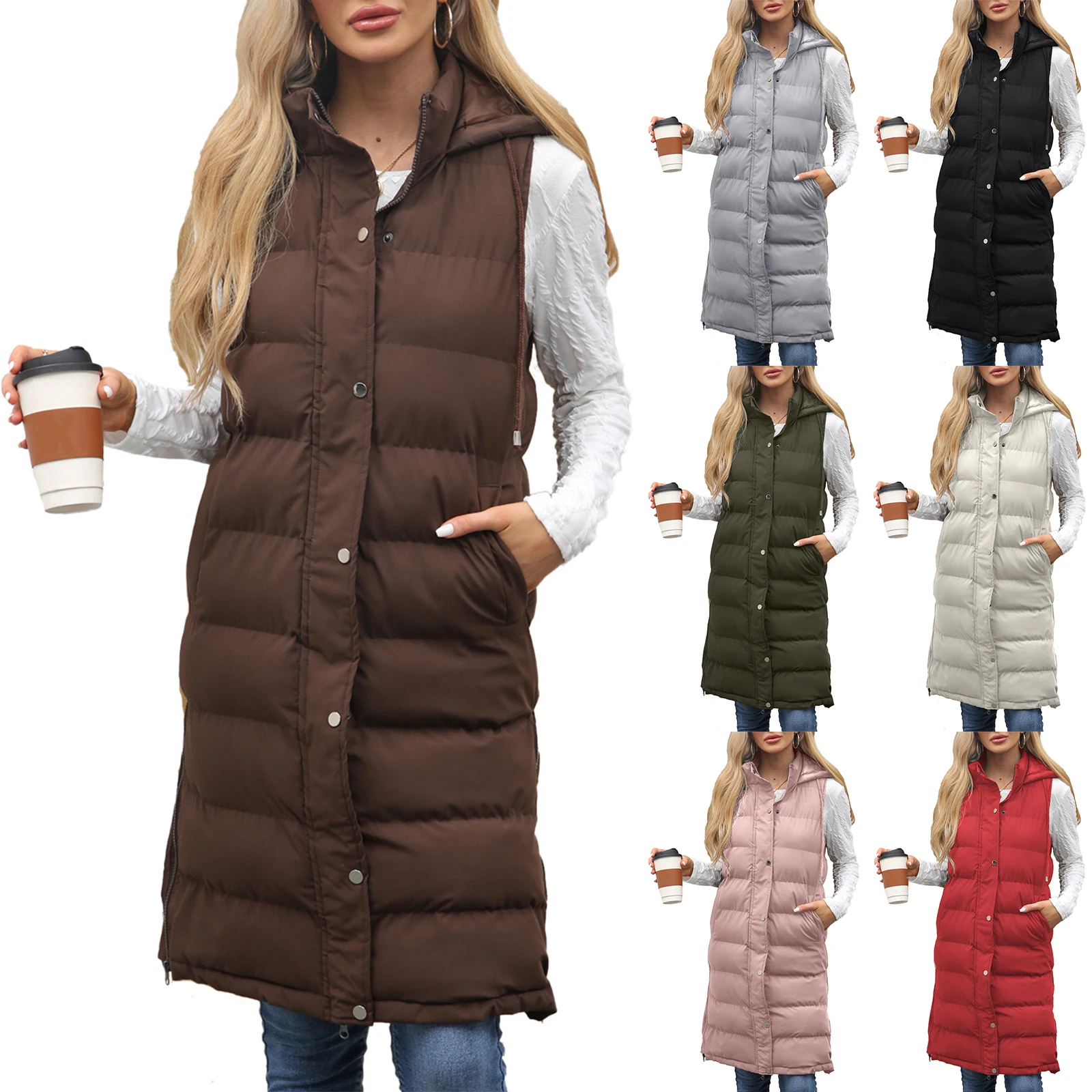 

Women's Long Sleeveless Padded Vest Hooded Solid Color Zip Front Thickened Warm Jacket for Autumn Winter