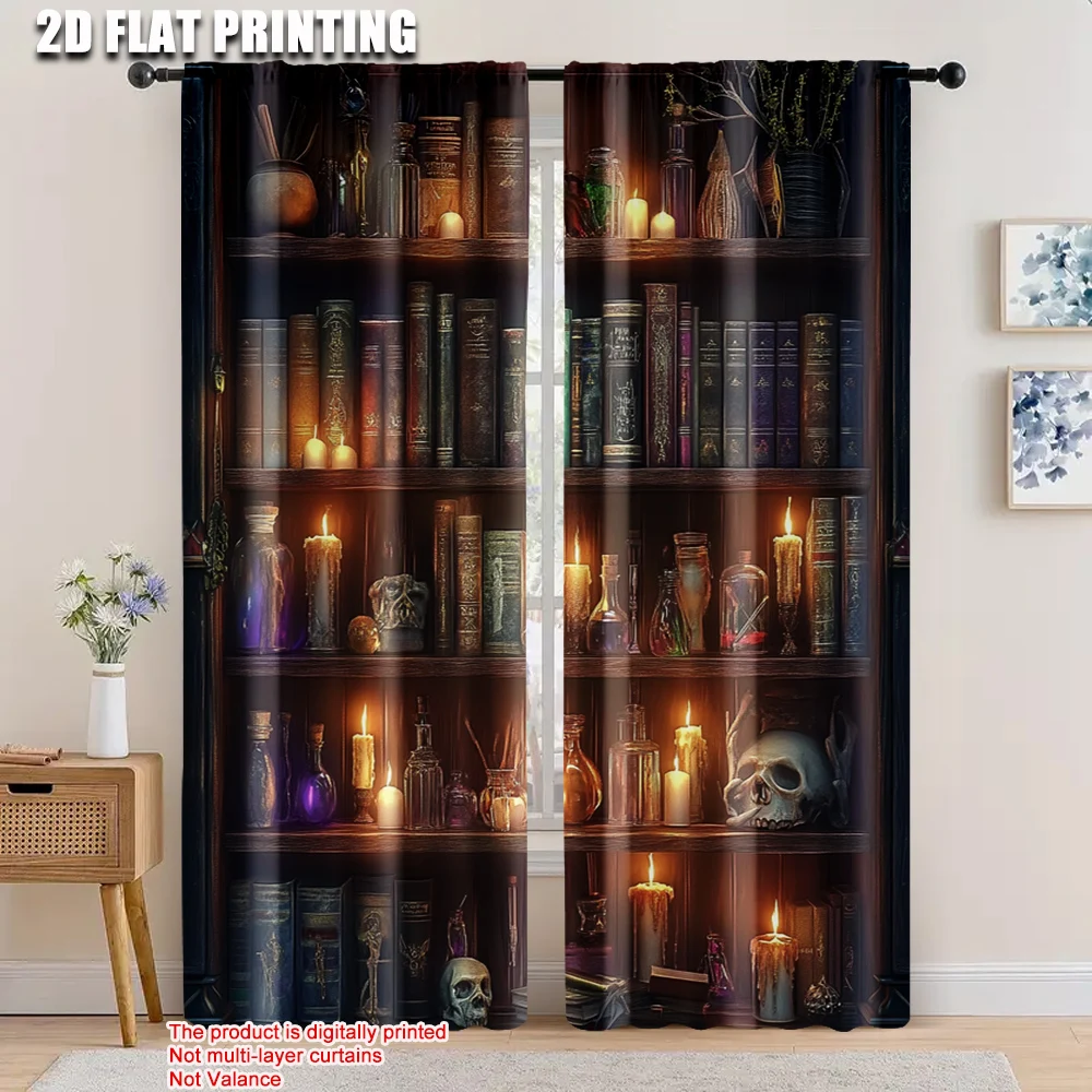 2pcs, spring summer Curtains Occult Bookshelf Magic Potions Candles Light Filtering Sheer Curtains Polyester Holiday for