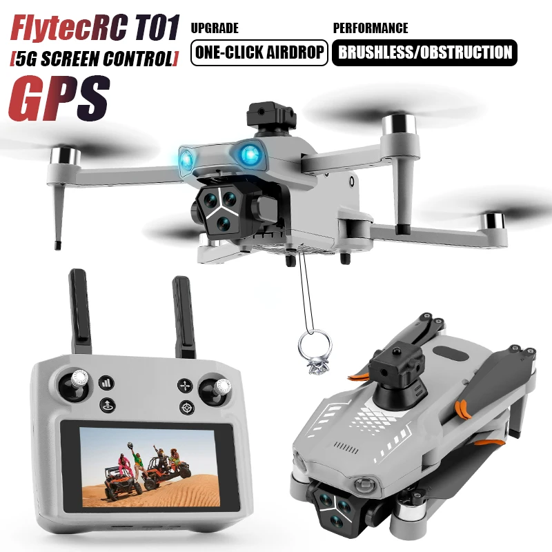 Flytec T01 Drone with Touchscreen Remote, GPS, Obstacle Avoidance, Brushless Motor, Foldable Aerial Photography Drone