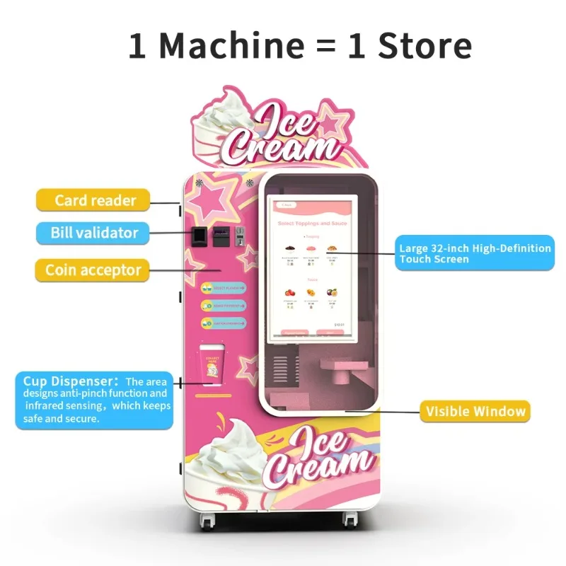 Máquina de Sorvete Soft DIY Personalizada e Econômica com 59 Sabores, Máquina de Venda de Sorvete Italiano, Compatível com Cartão de Crédito e Moeda