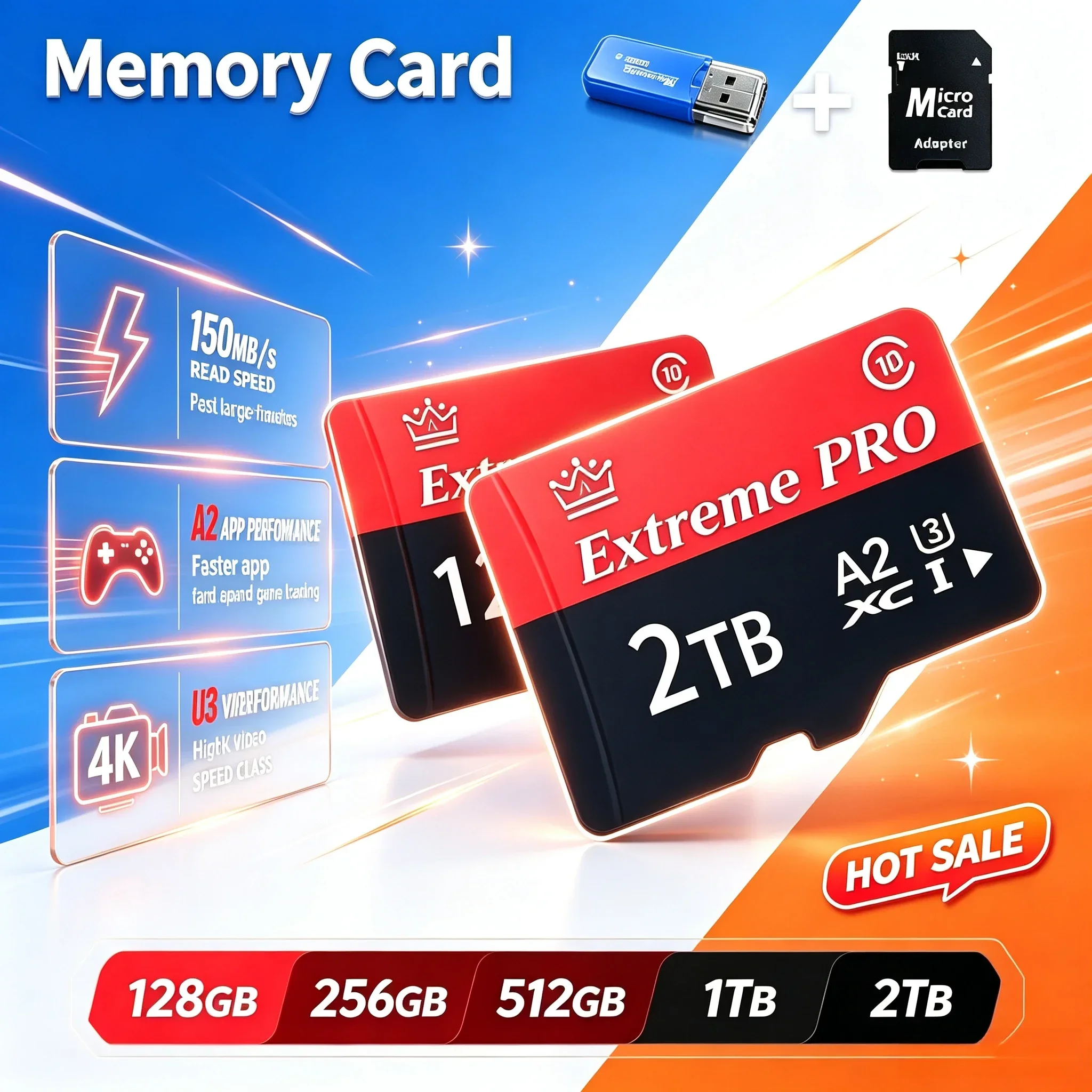 2026 New High-Speed 128GB/256GB U3 A2 V30 Memory Card with SD Adapter, Class 10 UHS-I for Android Phones, Tablets & Gaming.