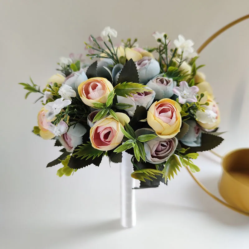 Ramo de novia de marfil, accesorios de boda, ramos de novia pequeños, rosas de té de seda, flores artificiales Rojas, ramo de matrimonio para damas de honor