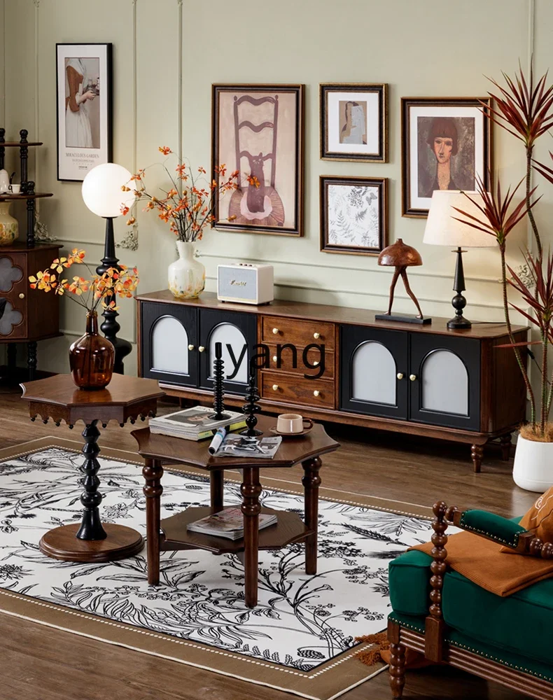 LH retro pure solid wood TV cabinet, living room black medium and ancient style storage and storage integrated