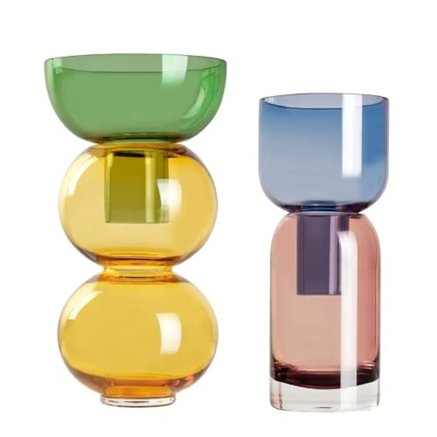 

Reversible Glass Flower Vase and Bud Vase Set of 2 Green and Yellow and Blue and Pink Ideal Gift Set for Home Wedding and Event