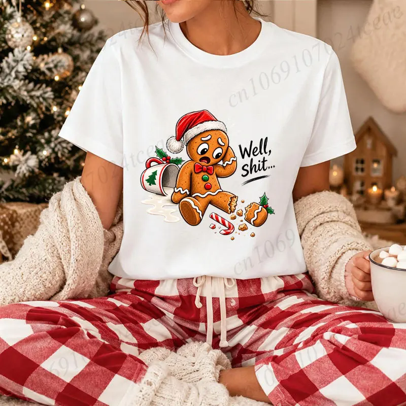Funny Gingerbread Man Christmas T‑Shirt Well Shit Graphic Tee Xmas Santa Hat Print Short Sleeve Casual Holiday Party Tops Gifts