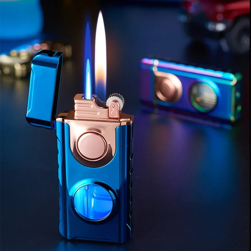 Double Tube Lighters Flash Visible Gas Cigar Lighter Windproof Flint Gas Lighter Jet Gadgets for Men Cigarette Accessories