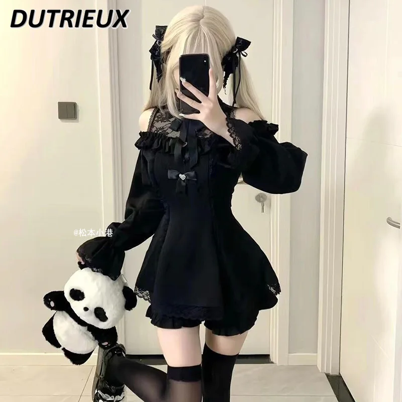 

Black Lace Long Sleeve Top and Skirt Japanese College Style Uniform Suit Sweet Cute Women's Spring Autumn 2 Pieces Sets