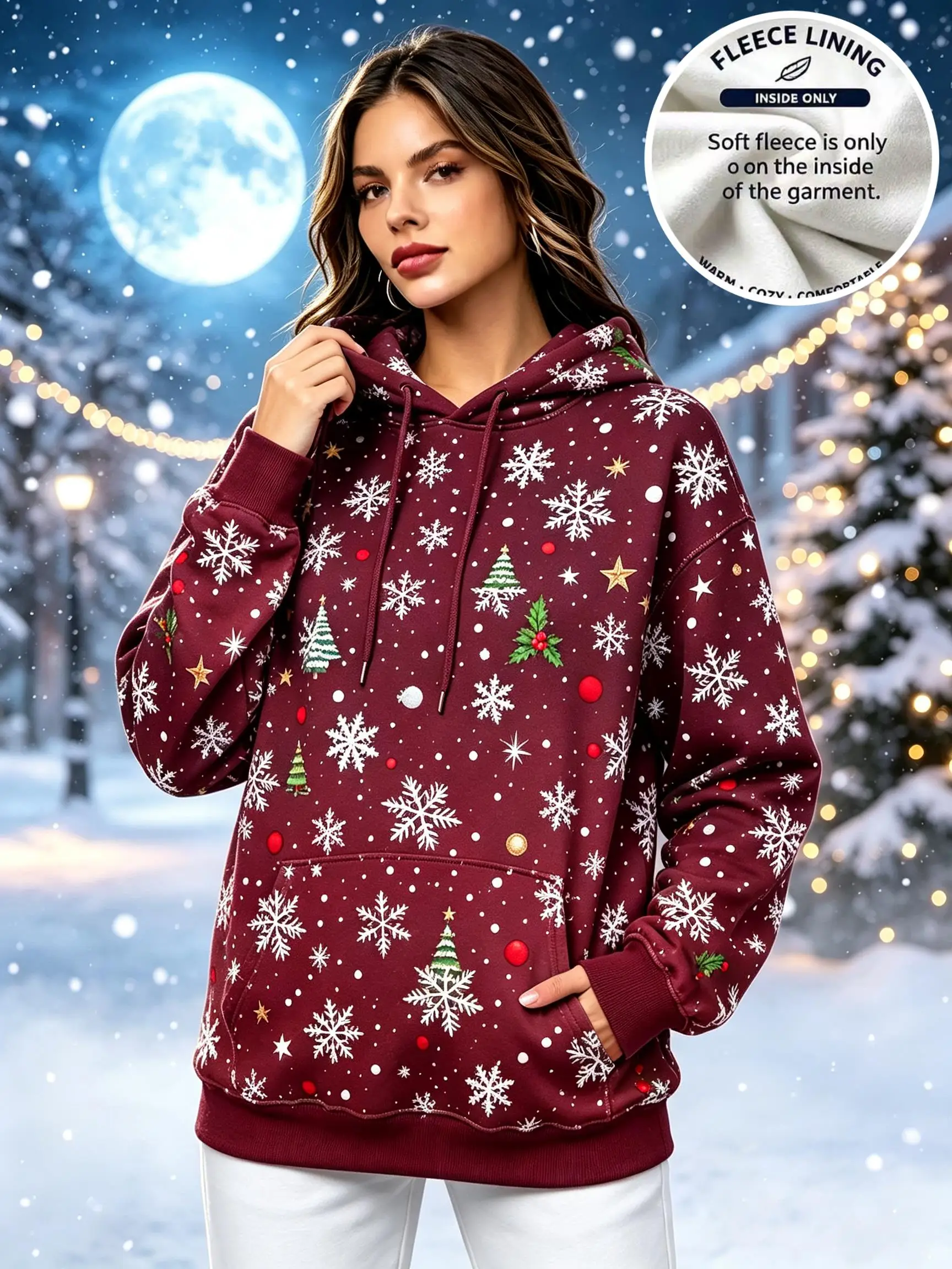 Women Christmas Allover Snowflake Xmas Tree Red Ornament Fleece Hoodie Orange Pocket Sweatshirt