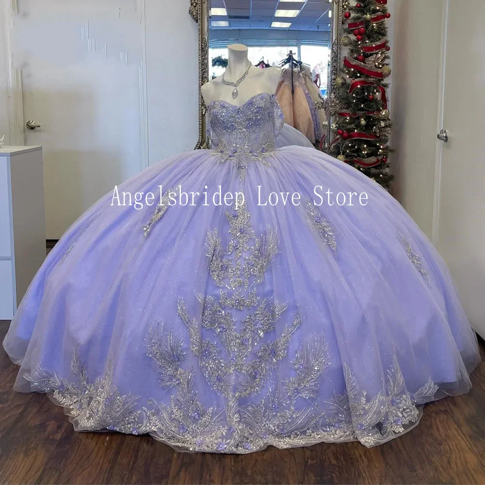 Angelsbride Shiny Lilac Beading Off Shoulder Appliques Ball Gown Quinceanera Dresses Vestidos De 15 Años Quinceañeras