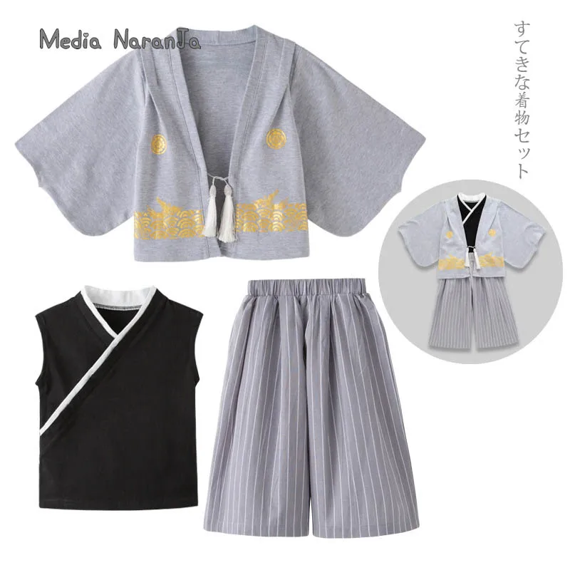 Japanese children kimono boys girls kimono set spring  autumn long sleeved jacket vest pants performance clothing