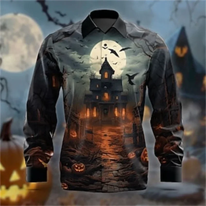 Halloween bruxa horror masculino formal botão camisa de manga longa festa de halloween noite outono inverno camisa lapela impressão 3d fina