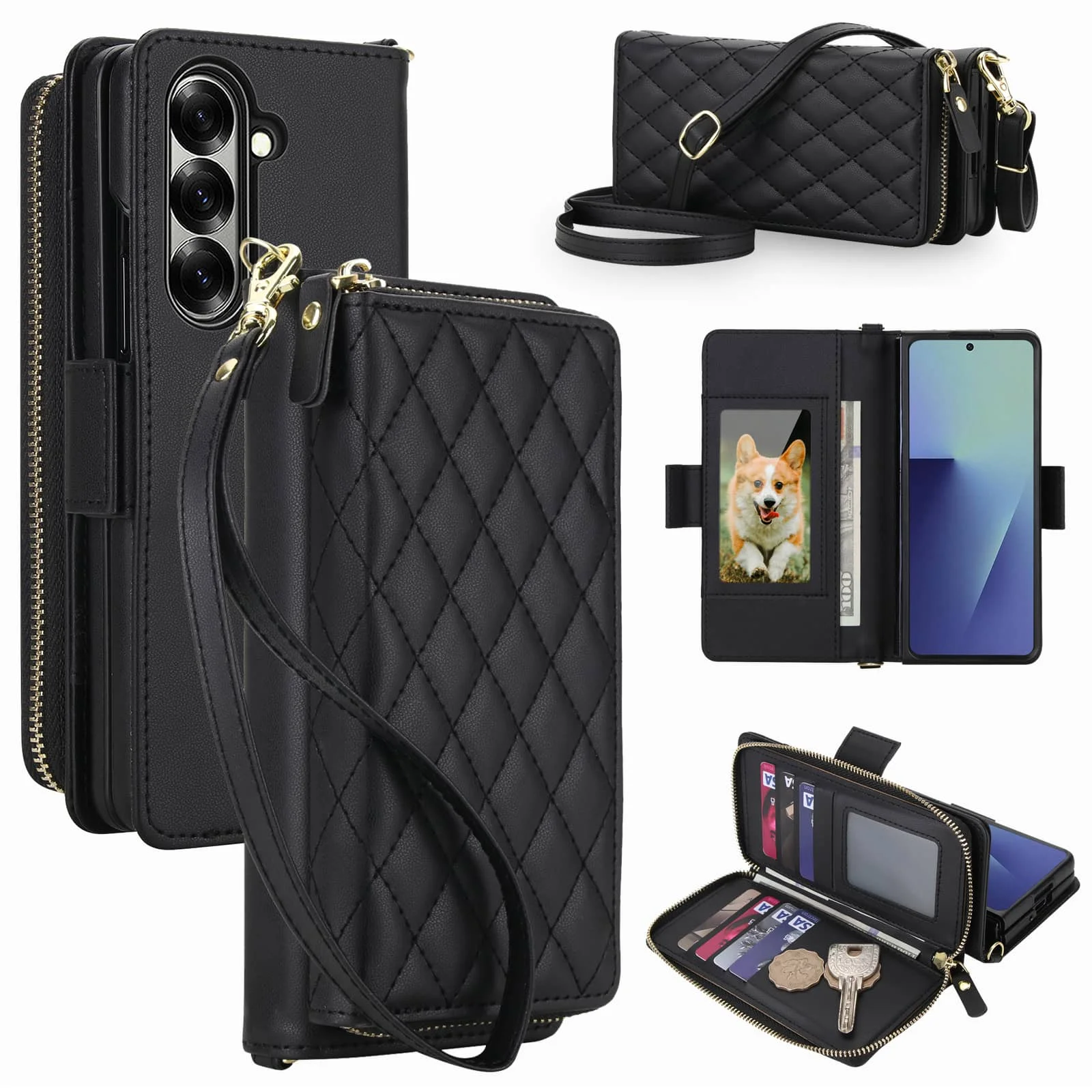 WEFOR Crossbody Wallet Case for Samsung Galaxy Z Fold 7 6 5 4 3 RFID Zipper Flip Cover Card Slots Kickstand Wrist Strap Purse