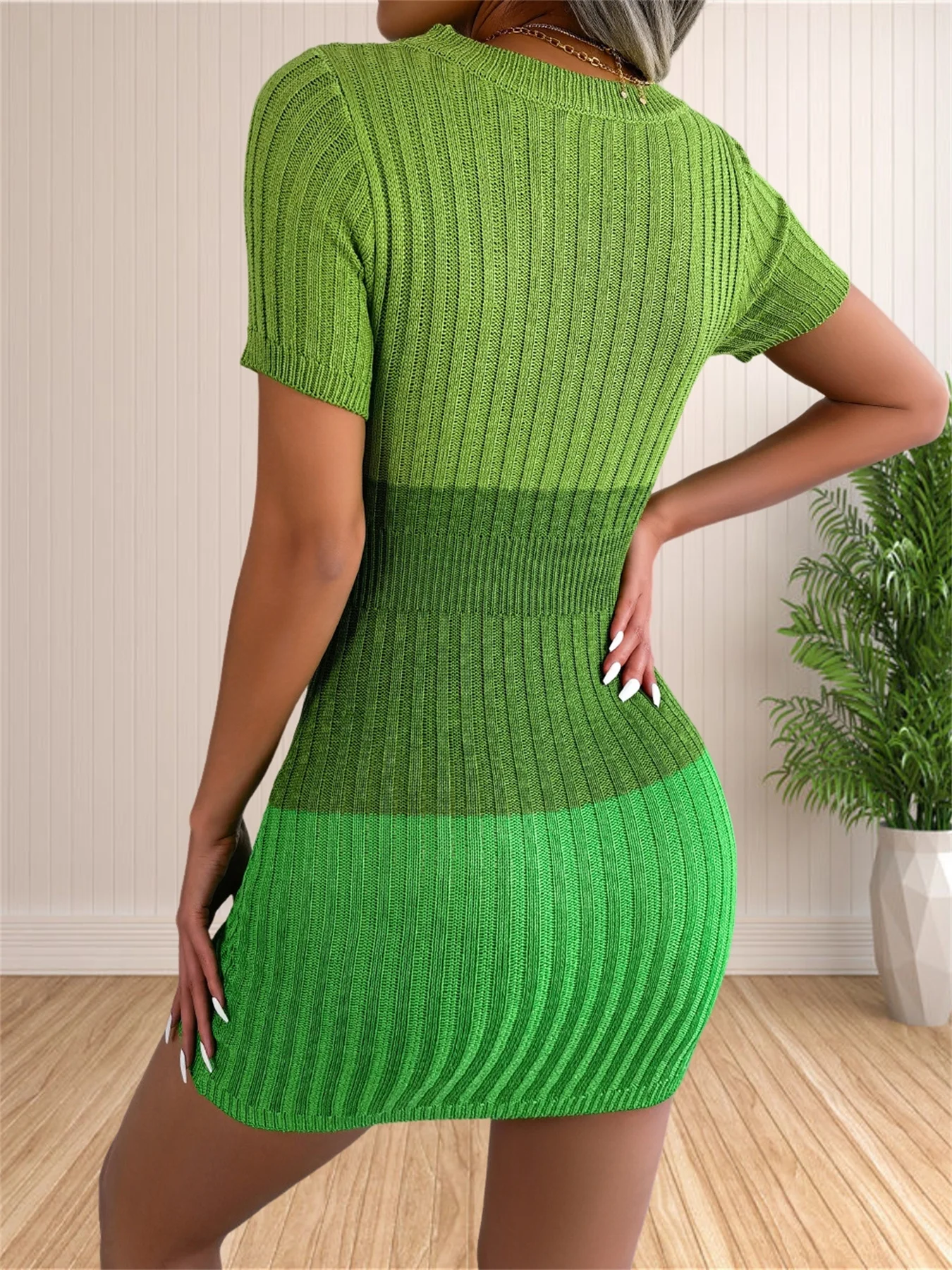 Damen Pullover Kleid Sommer Farbe Block Rundhals ausschnitt Kurzarm aus geschnittene figur betonte Kleider