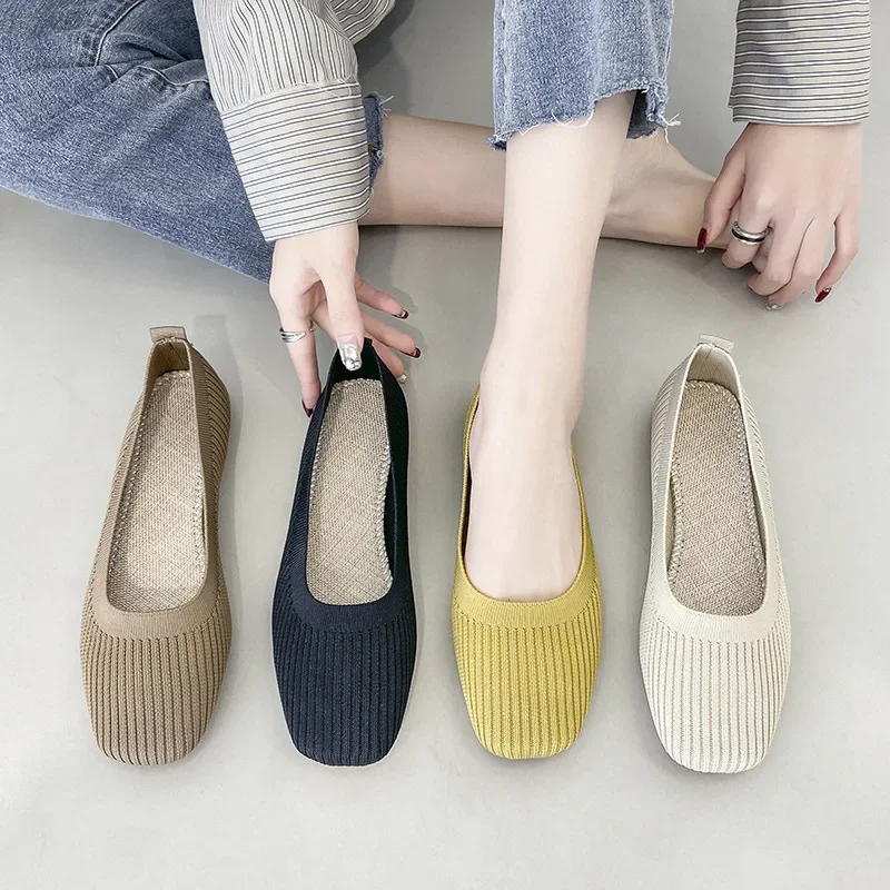 Women Leisure Flats Summer Autumn Flat Shoes Breathable Knitted Square Toe Slip-on Female Daily Walking Driving Loafers
