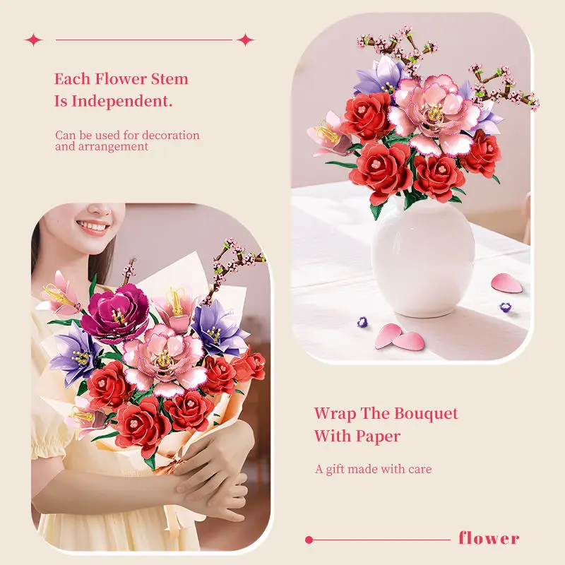 Juego de bloques de construcción de ramo de flores artificiales, 769 Uds., con rosa, peonía, lirio, Eustoma, flor de melocotón, juguetes para niños