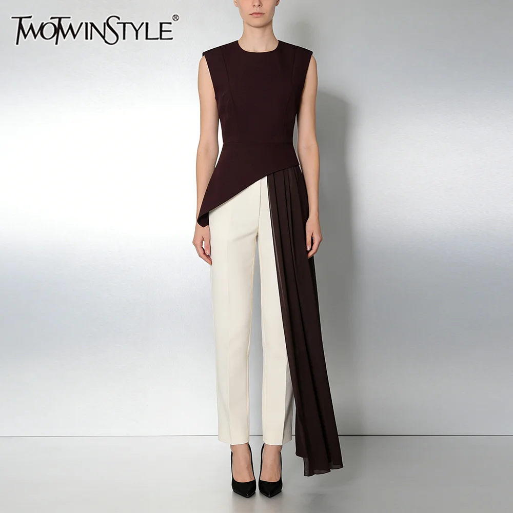 

TWOTWINSTYLE Slimming Spliced Ribbon Irregular Blouses for Women Round Neck Sleeveless High Waist Elegant Blouse Female Clothing