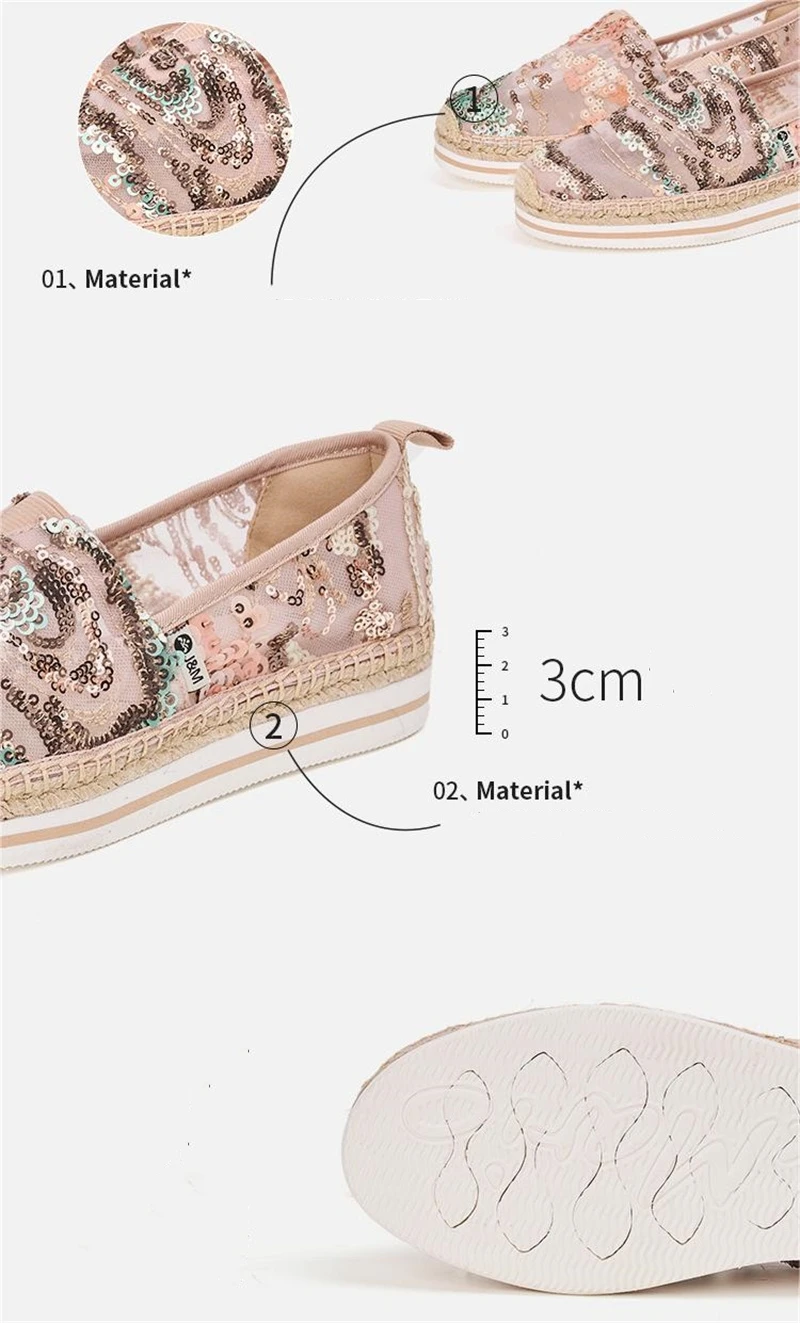 J&M Fashion Women Loafers Sequins Fisherman Shoes Summer Lace Breathable Mesh Platform Espadrilles Slip-On Casual Shoes Sneaker