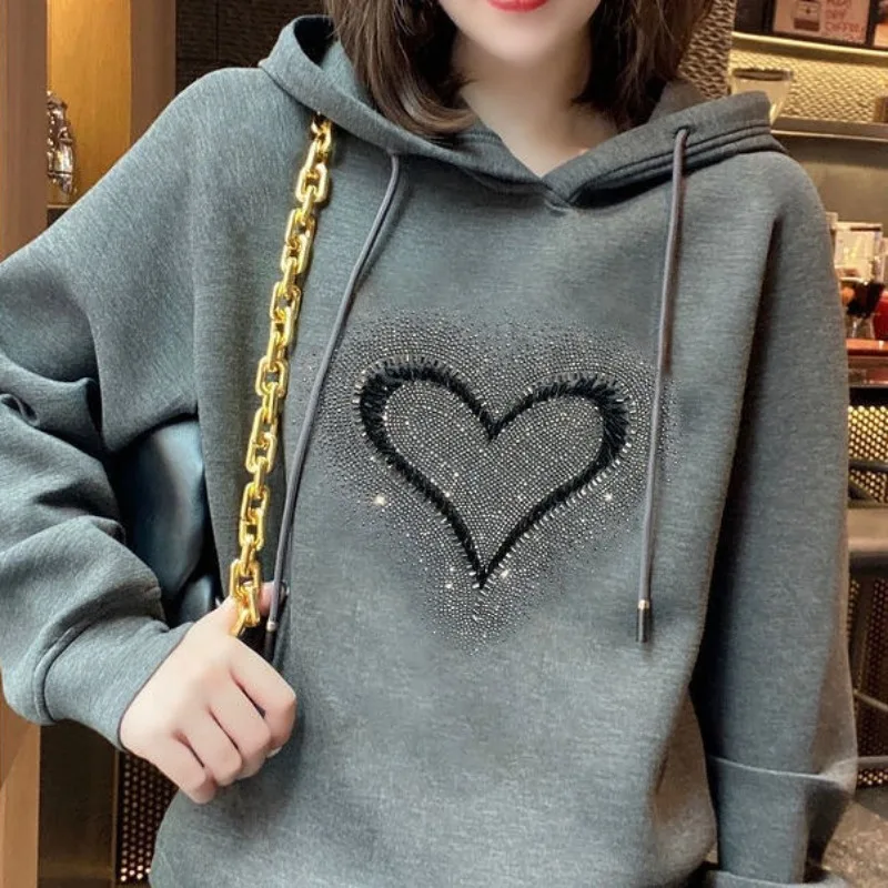 Autumn and Winter Women's Hoodie Sweater fleece-lined Thickened Korean-style Loose Casual All-match Top