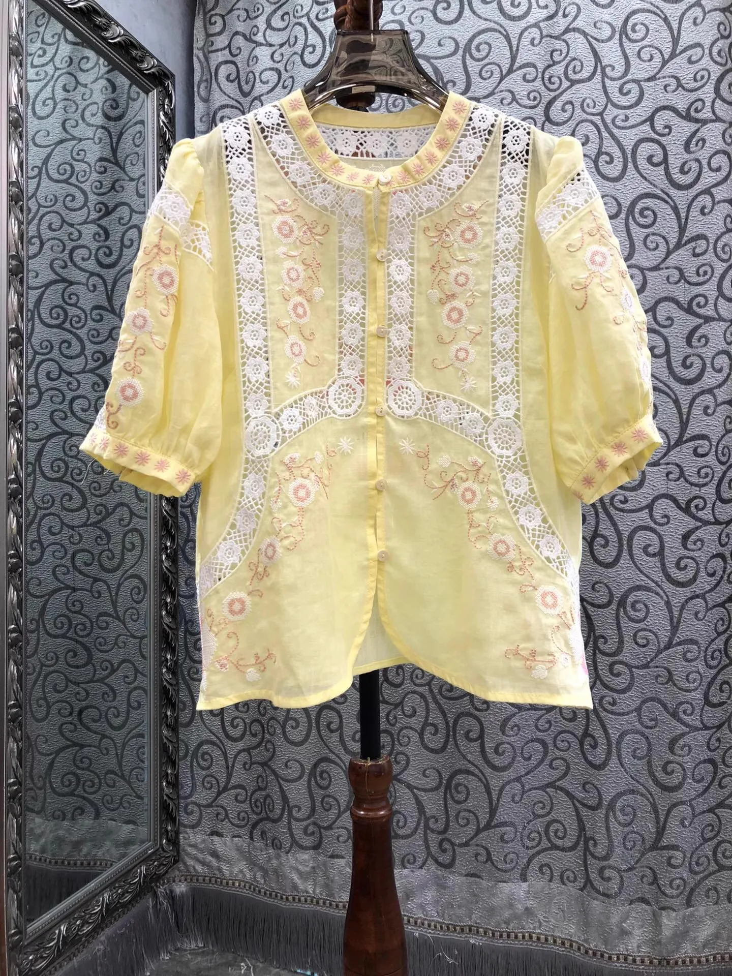 100%Linen Blouse Shirts 2025 Summer Women Allover Hollow Out Lace Embroidery Short Sleeve Casual Vintage Tops Yellow Shirts