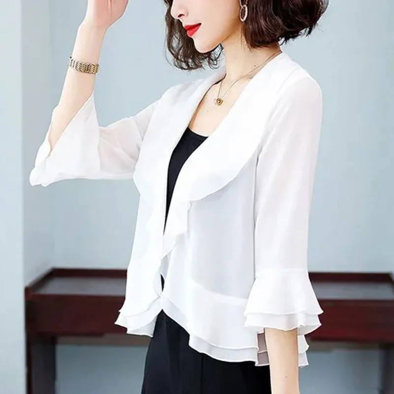 Elegant V-Neck Solid Color Ruffles Flare Sleeve Shirt Women\'s Clothing 2023 Summer New Casual Tops Loose Office Lady Blouse