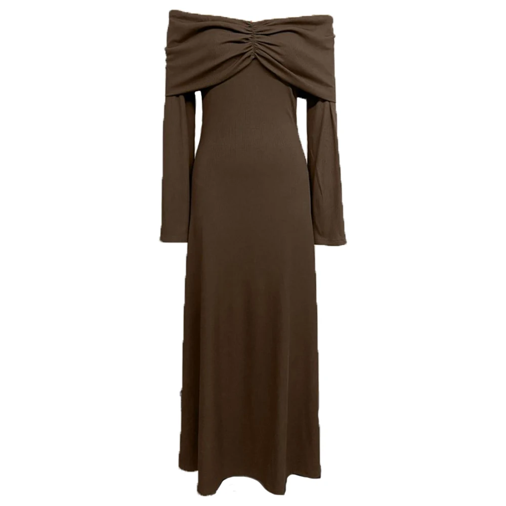 الخريف البني فستان الأمومة التقطت الصور قبالة الكتف طويلة الأكمام الحمل ماكسي ثوب أنيق استحمام الطفل الزي التصوير ارتداء