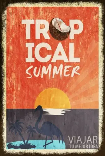Tropical Summer Sunset Vintage Look Retro Style Metal Sign, Holiday Travel Sun sign