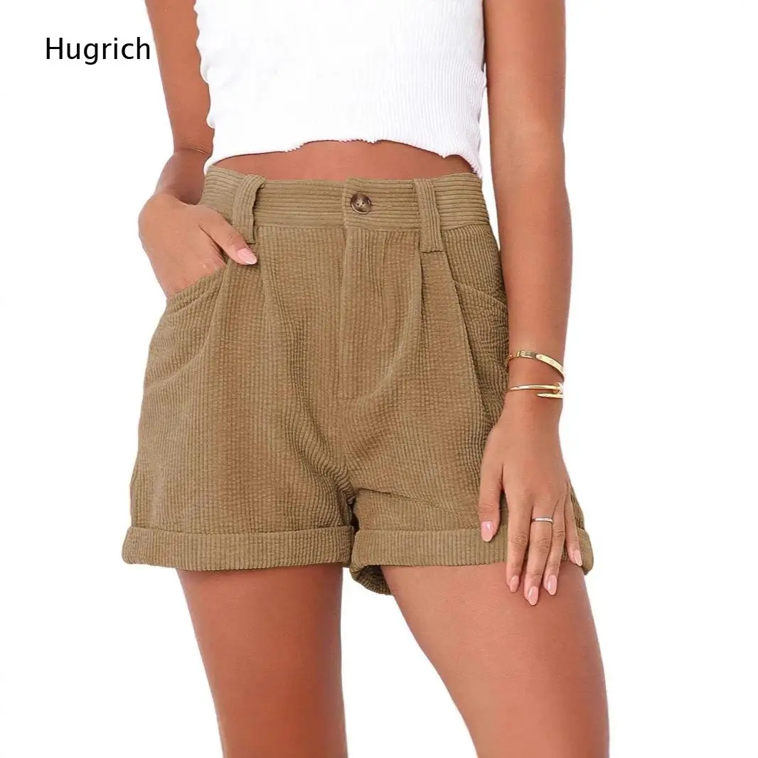 High Waist Single Button Waffle Knit Shorts Front Pleat Cuffed Hem Side Pocket Casual Summer Short Pants for Women