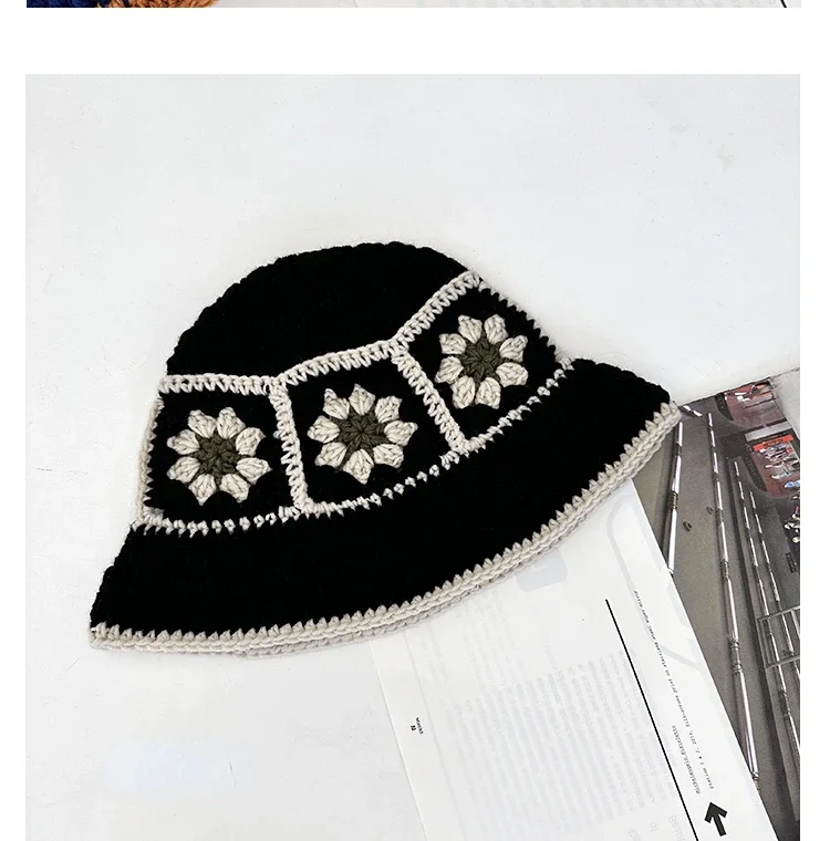 2026 NEU Japanische handgefertigte Blumen- und Karomuster-Häkel-Eimerhüte für Damen, Sommer-Fischermütze mit Farbkombination, gestrickte Strandmütze für Mädchen, Y2k – Detail 11