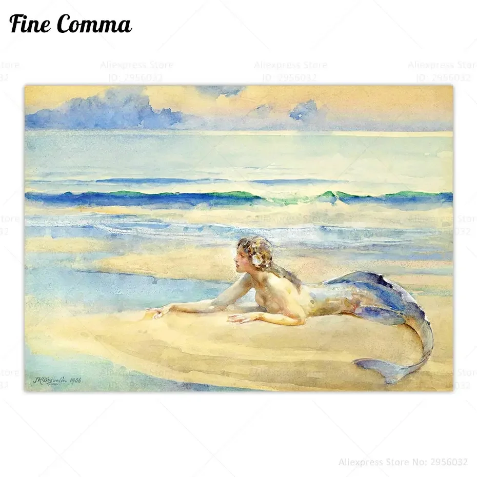 Vintage Poster Mermaid Wall Art Canvas Print Watercolor Painting Ocean Beach Home Decor Seascape Picture John Reinhard Weguelin