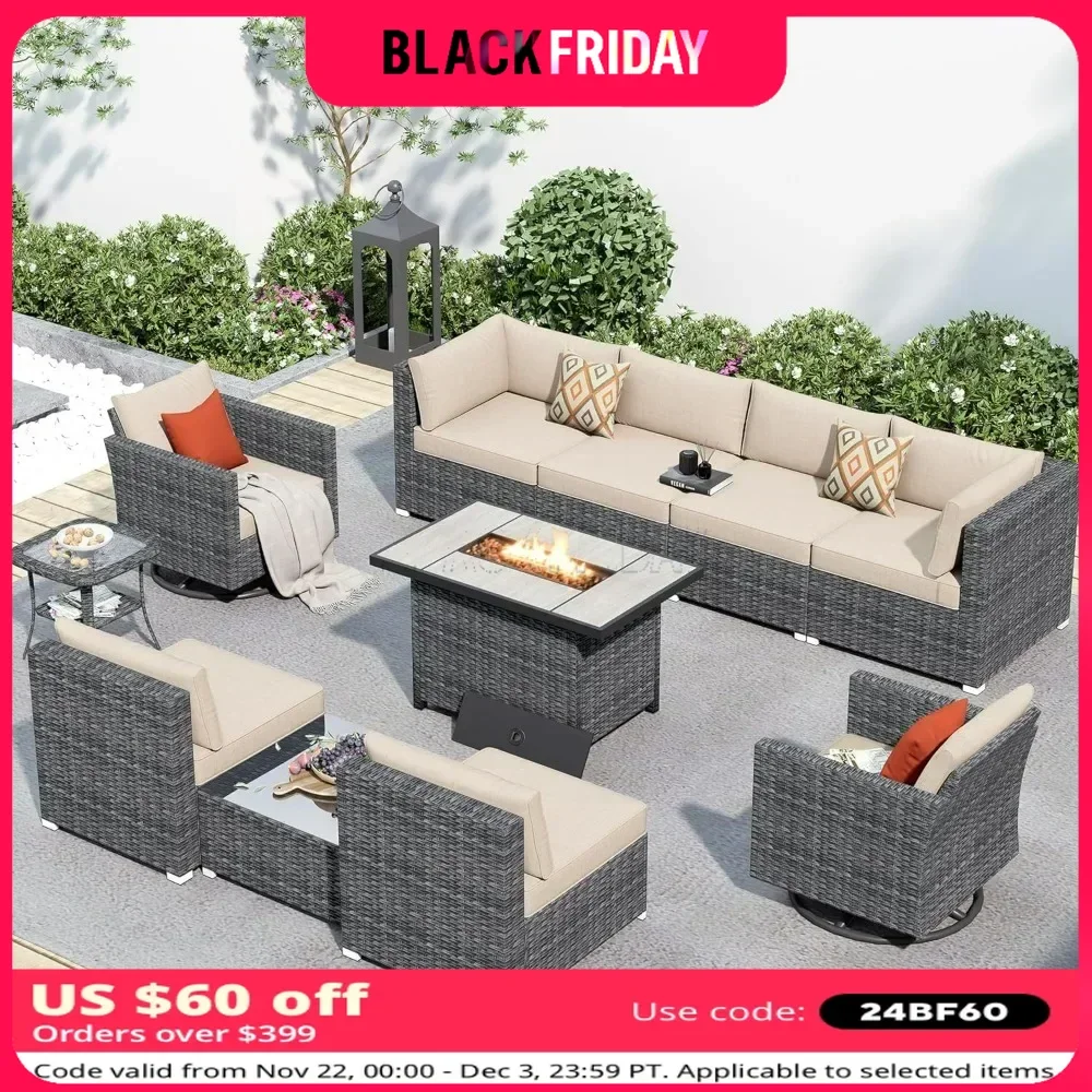 11 Piece Patio Sectional Furniture Set with Fire Pit Table, Resistant Modular L Shaped Outside Couch Swivel Chair Set(Beige)