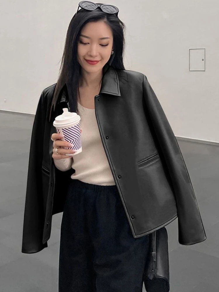 黒 PU ボタンレザージャケット女性パンク和風レザージャケット 2025 秋ハイストリートファッションカジュアルレザージャケット