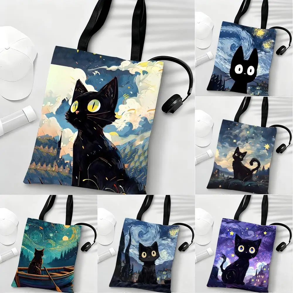 

Black Cat Starry Sky Storage Bags Lightweight Eco Friendly Fashionable Multi Purpose Large Capacity Canvas Shoulder Tote