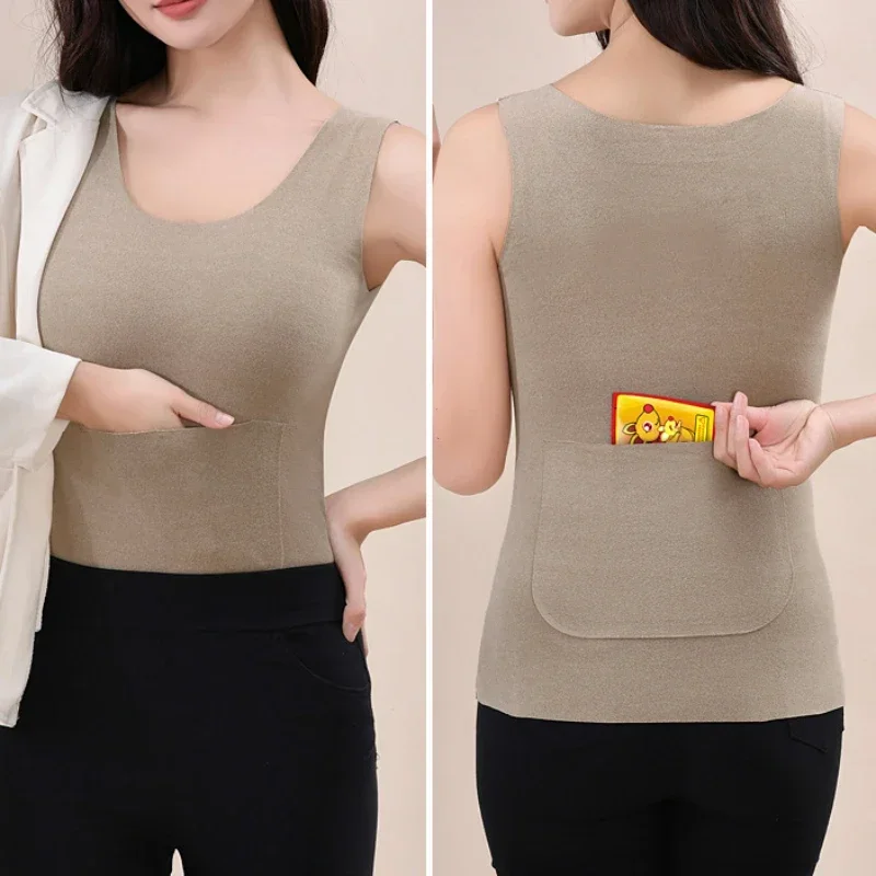 

Autumn Winter Thermal Vest Women's Thermal Underwear Double Pocket Thermal Tank Top Sleeveless Thermo Lingerie Warm Vest