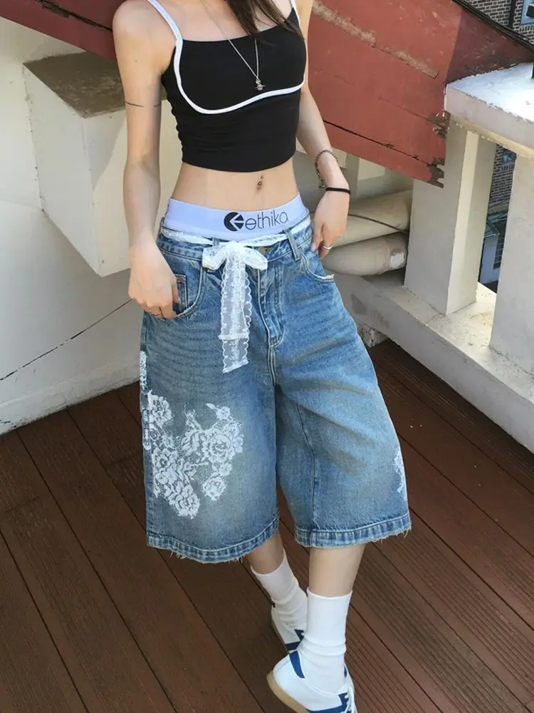 American Lace Printed Design Cropped Jeans for Women Summer High Waist, Loose and Versatile Wide-leg Shorts
