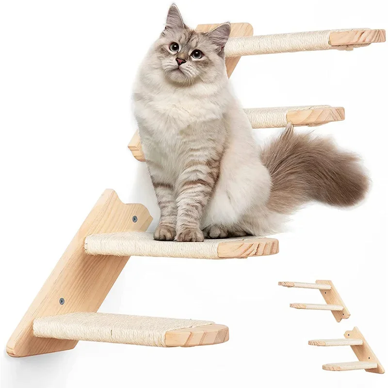

Wall Mounted Cat Climbing Frame, Multi-Tiered Wooden Shelves with Sisal Rope for Scratching, Space Saving Perch for Indoor Cats