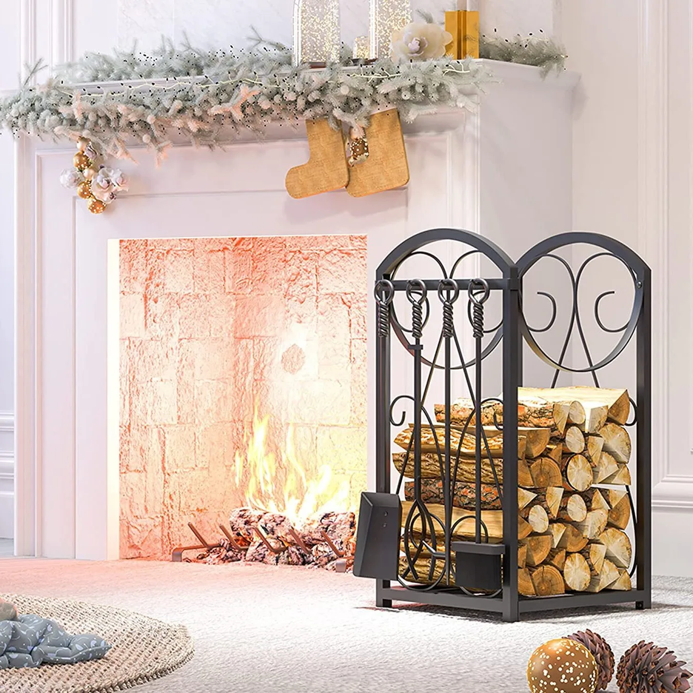 Wrought iron firewood rack Small log storage rack Indoor and outdoor firewood rack with tools Four-piece set Black high temperat